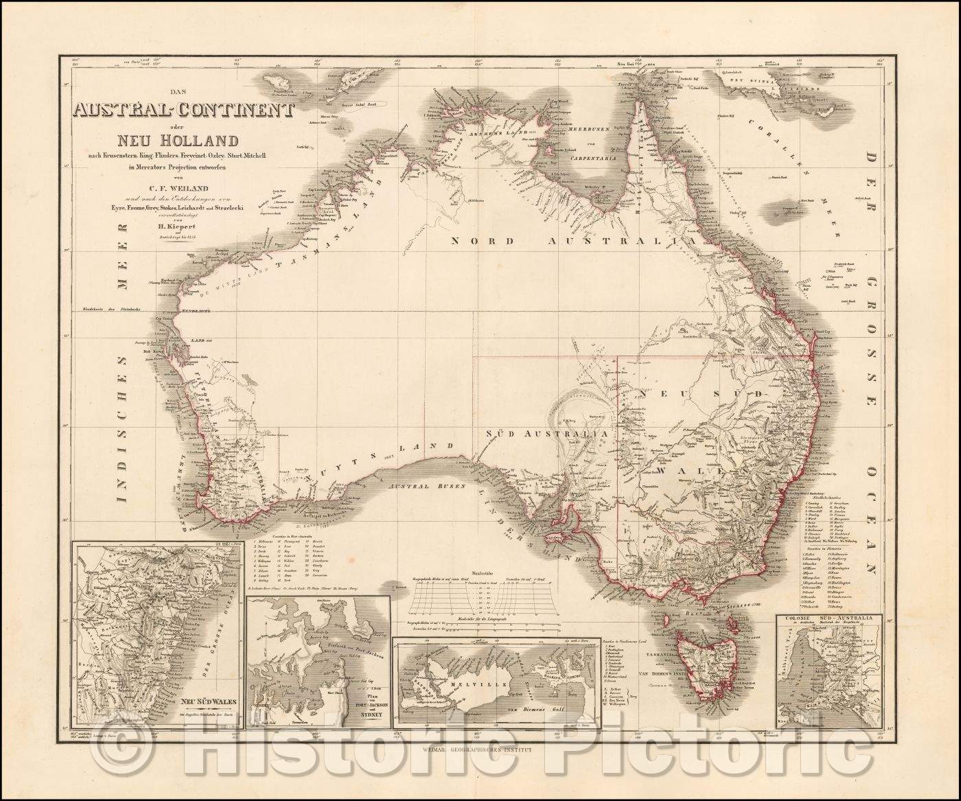 Historic Map - Das Austral-Continent oder Neu Holland nach Krusentern, King, Flinders, Freycinet, Oxey, Sturt, Mitchell in Mercator's Projection, 1858 v2