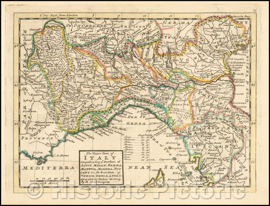 Historic Map - The Upper Part of Italy Comprehending ye Duchies of Savoy, Milan, Parma, Mantua, Modena, Tuscany The Republics of Venice, Genoa, Luca, 1729 - Vintage Wall Art