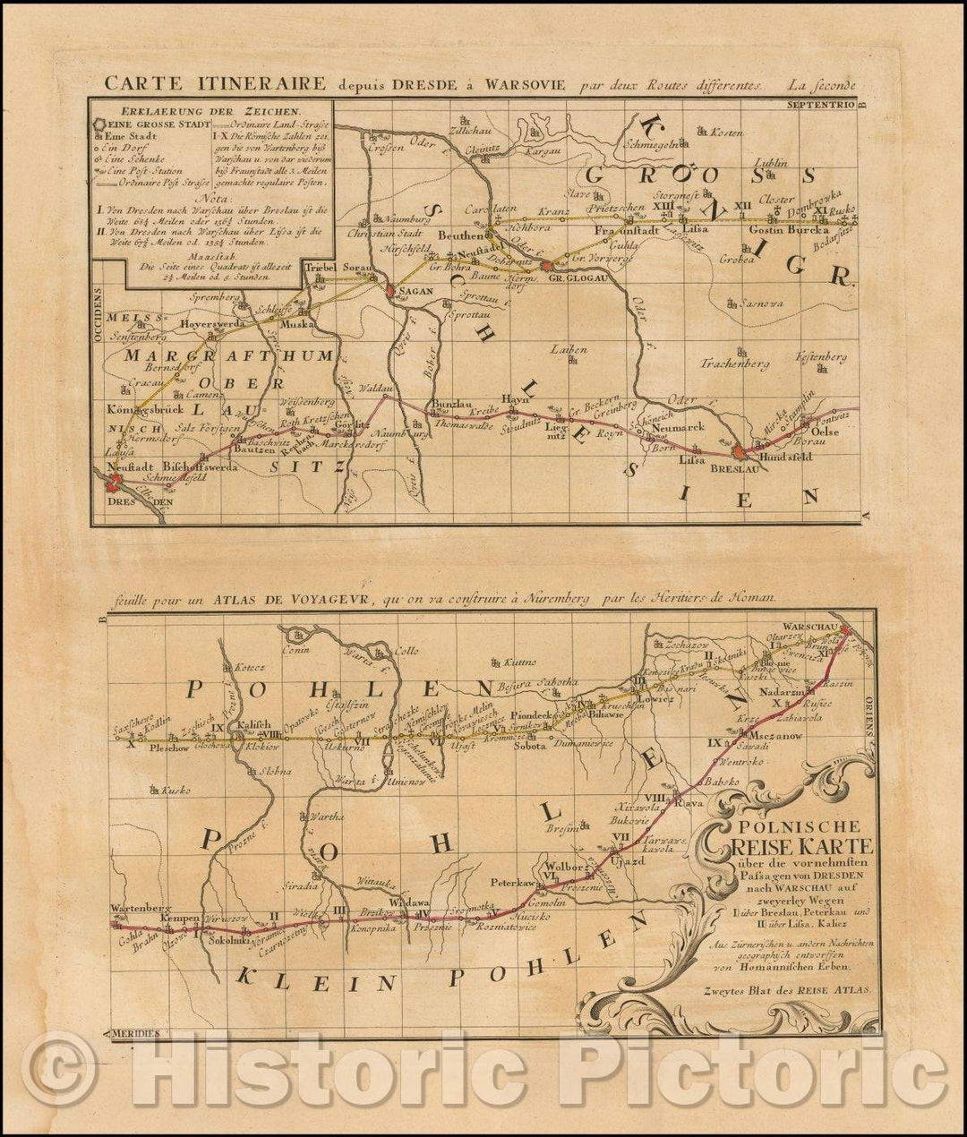 Historic Map - Polnische Reise Karte uber die vornehmsten Passagen von Dresden/Road Map showing two roads from Dresden via Glogau or Breslau to Warsaw, 1751 - Vintage Wall Art