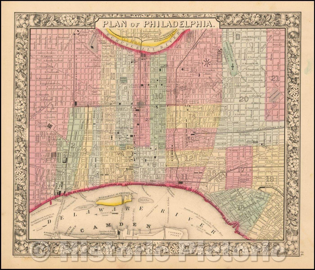 Historic Map - Plan of Philadelphia, 1865, Samuel Augustus Mitchell Jr. - Vintage Wall Art