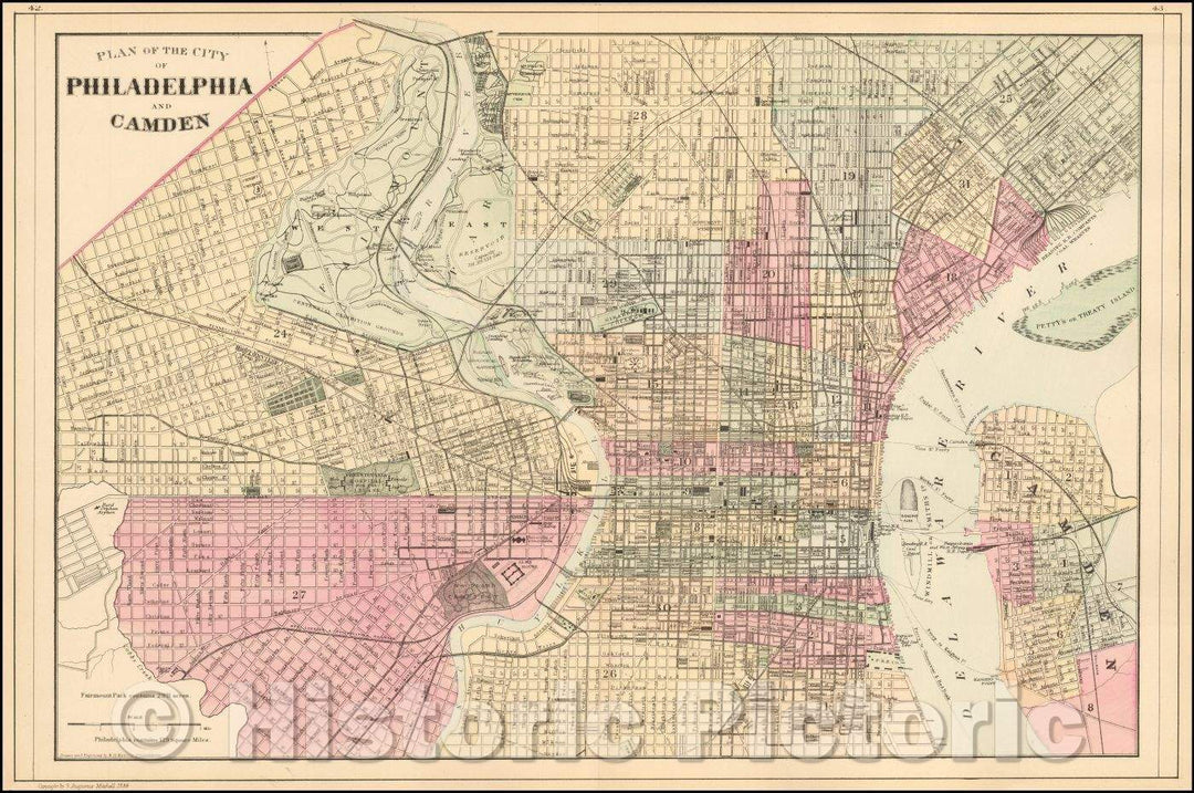 Historic Map - Plan of the City of Philadelphia and Camden, 1884, Samuel Augustus Mitchell Jr. - Vintage Wall Art