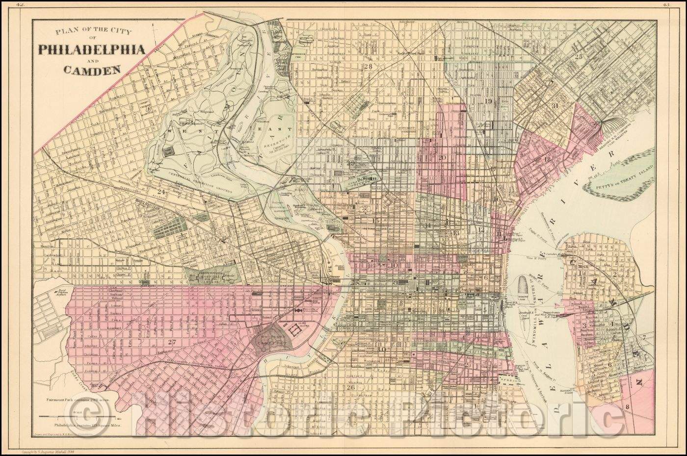 Historic Map - Plan of the City of Philadelphia and Camden, 1884, Samuel Augustus Mitchell Jr. - Vintage Wall Art