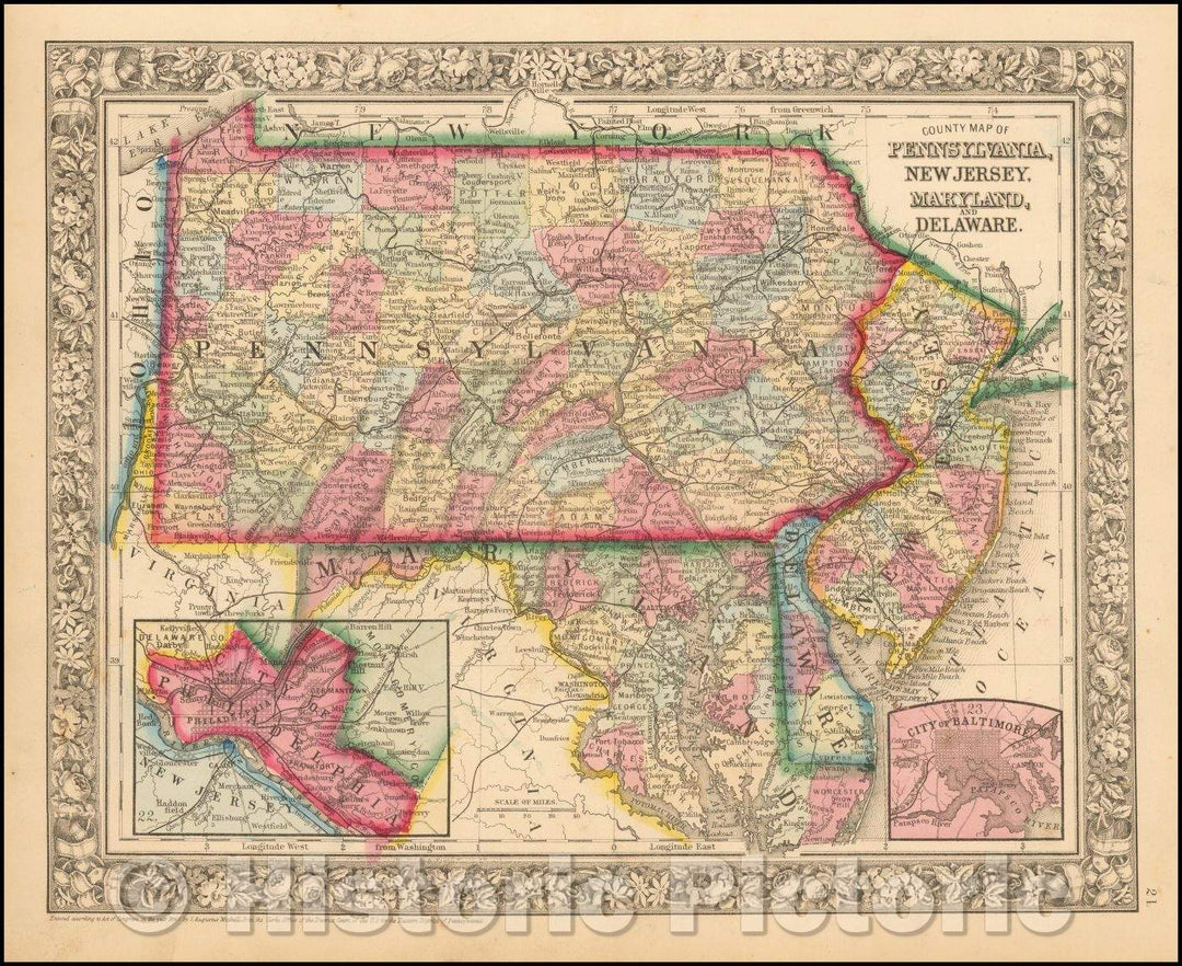 Historic Map - County Map of Pennsylvania, New Jersey, Maryland, and Delaware (Inset - Baltimore and Philadelphia), 1864, Samuel Augustus Mitchell Jr. - Vintage Wall Art