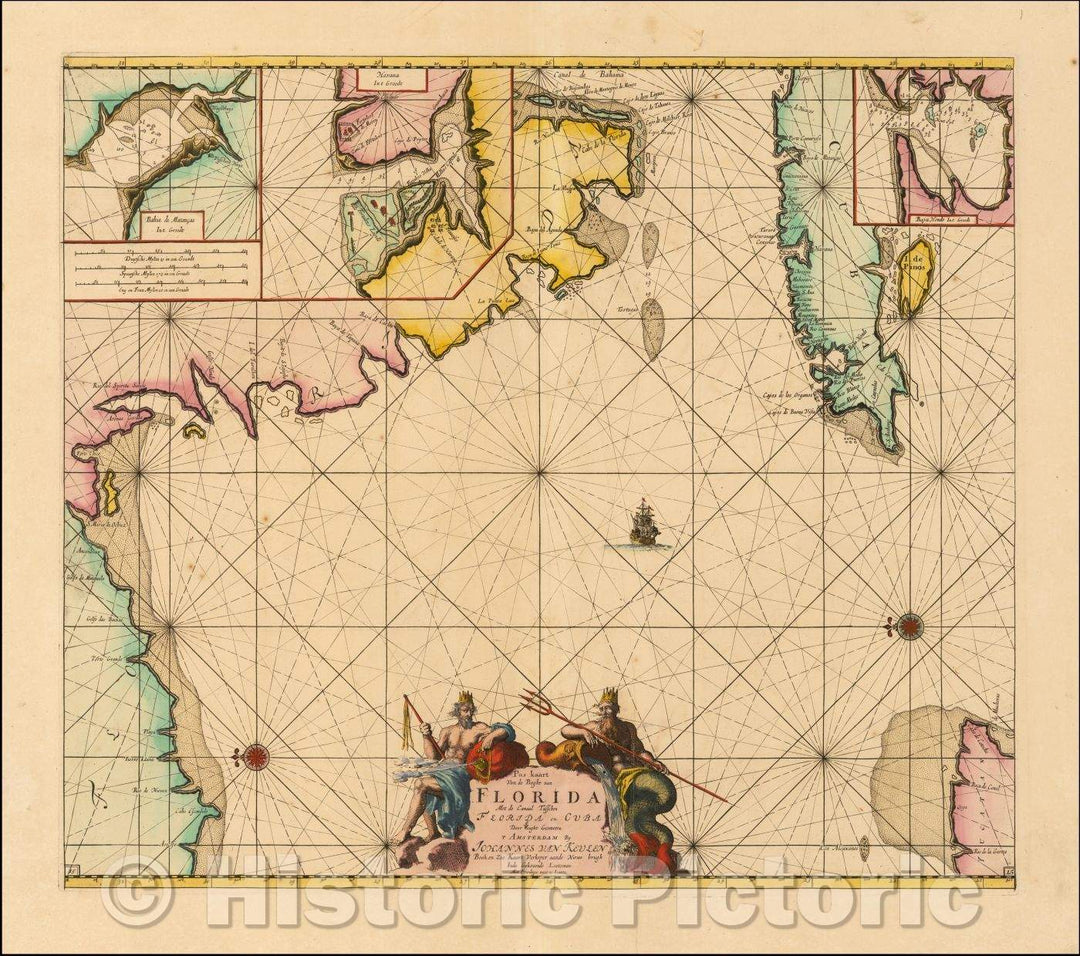 Historic Map - Pas Kaart Van De Boght van Florida Met de Canaal Tusschen Florida en Cuba Door Vooght Geometra, 1684, Johannes Van Keulen - Vintage Wall Art