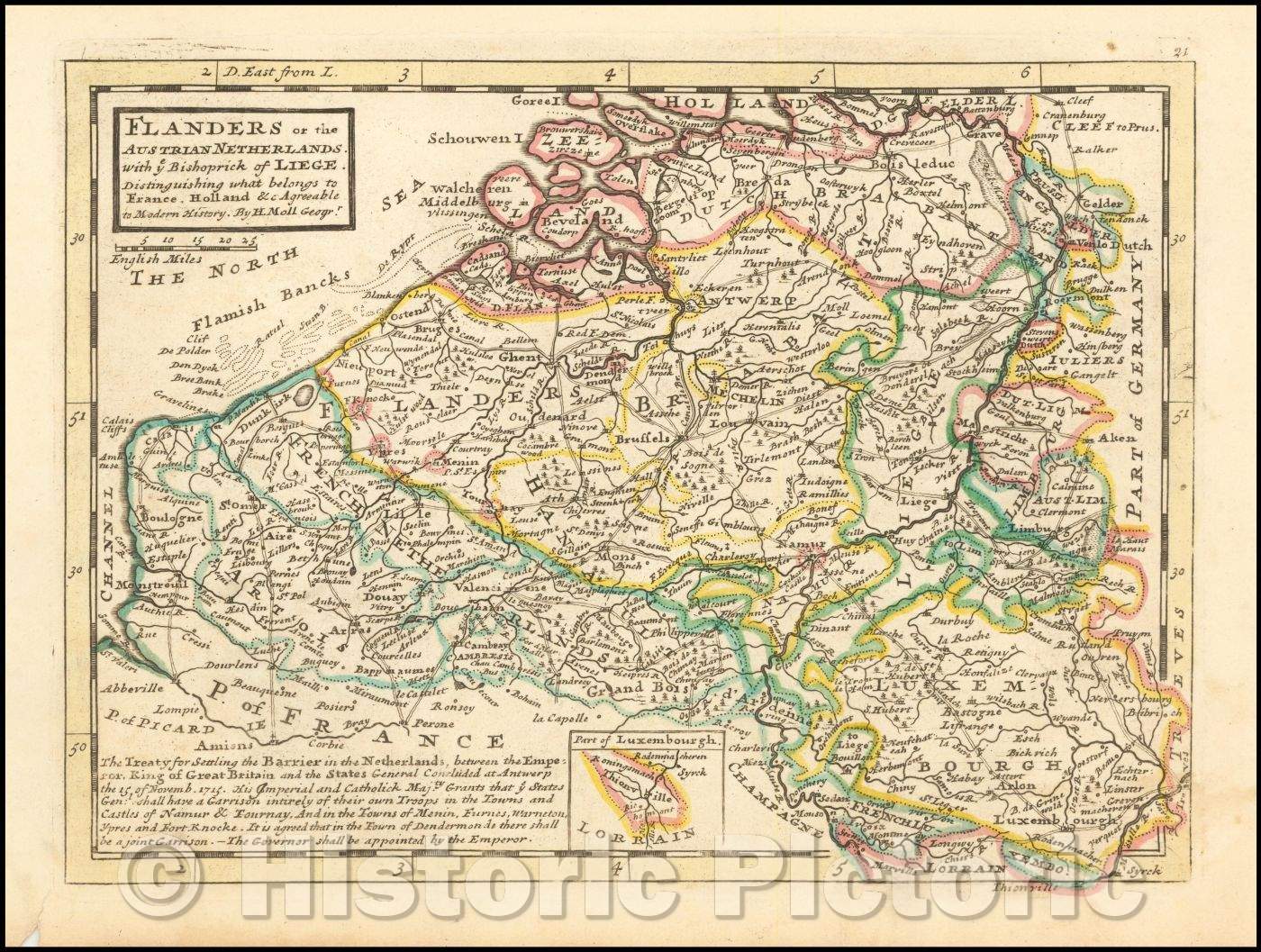 Historic Map - Flanders or the Austrian Netherlands with ye Bishoprick of Liege. Distinguishing what belongs to France, Holland &c, 1730, Herman Moll - Vintage Wall Art