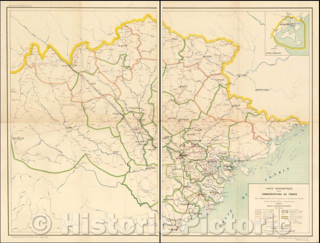 Historic Map - (Vietnam Post and Telegraph Map) Carte Schematique :: (Vietnam Post and Telegraph Map) Schematic of Tonkin Communications Roa, 1903 - Vintage Wall Art