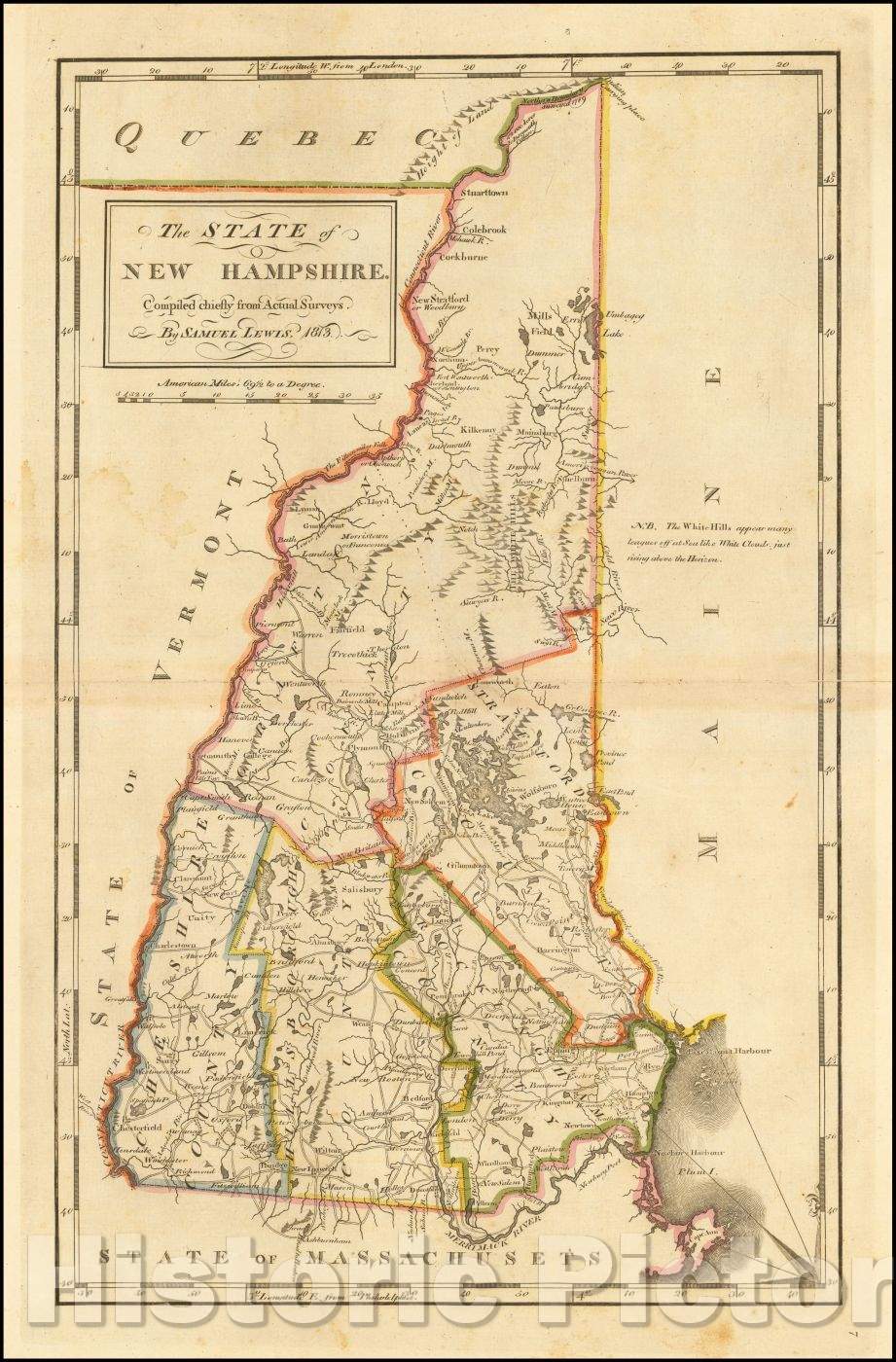 Historic Map - The State of New Hampshire, 1814, Mathew Carey - Vintage Wall Art