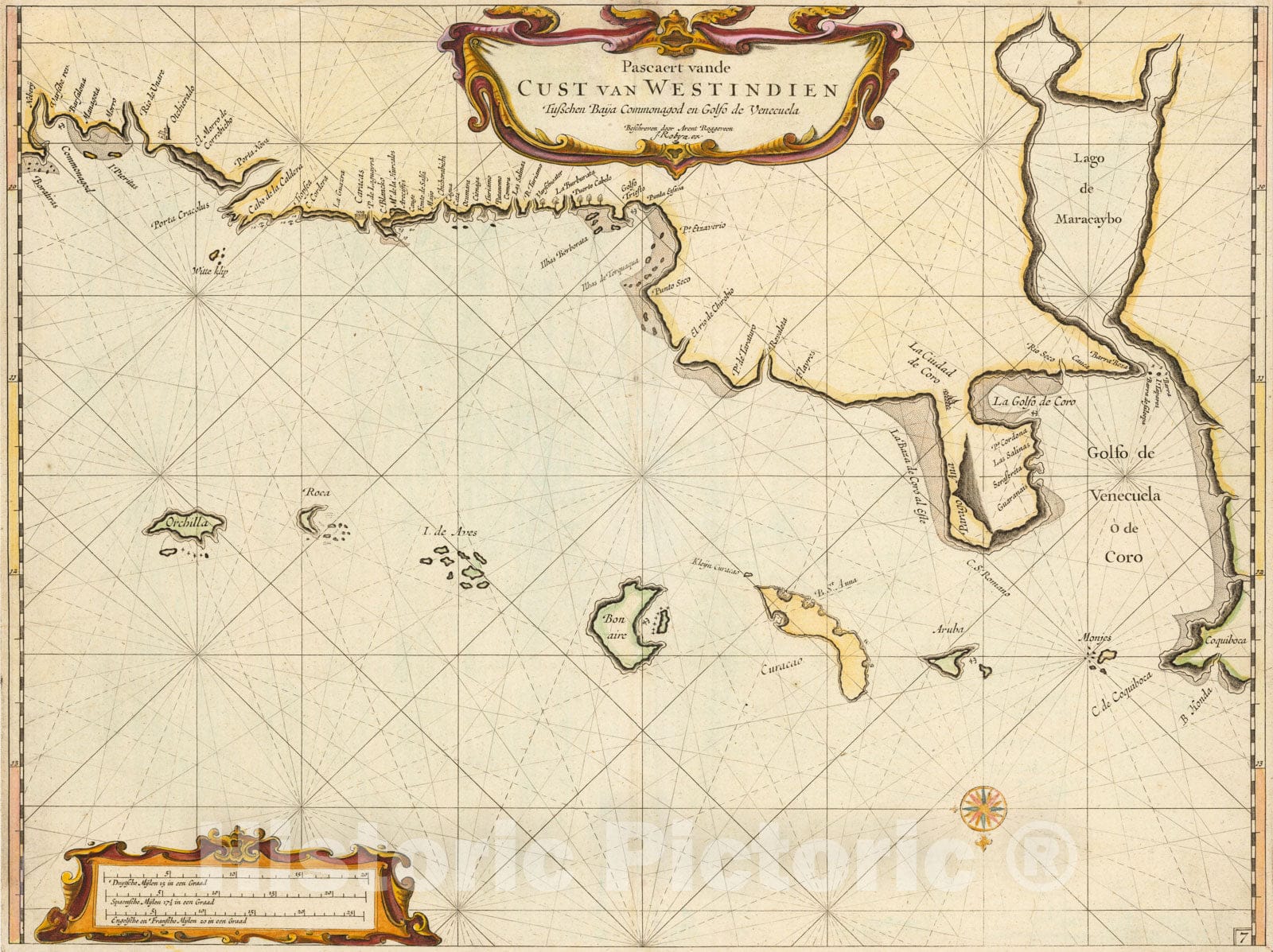 Historic Map - Curacao, Aruba, Bonaire and the Venezuelan Coastline/Pascaert vande Cust van Westindien Tusschen Baija Commonagod en Golfo de Veneceula, 1675 - Vintage Wall Art