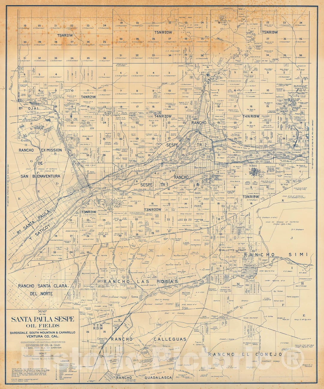 Historic Map - Map of the Santa Paula-Sespe Oil Fields, Including Bardsdale, South Mountain & Camarillo, Ventura County, California, 1920 - Vintage Wall Art