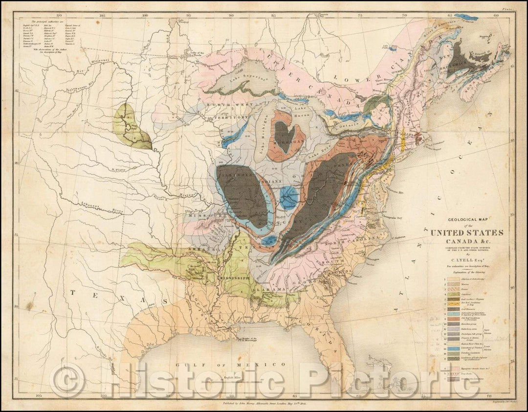 Historic Map - Geological Map of the United States Canada, 1845, John Murray - Vintage Wall Art