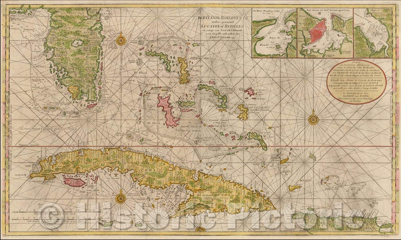 Historic Map - Nieuwe en Naeukeurige Afteekening vant Canaal van Bahama vertoonde Eyland Cuba :: Florida, the Bahamas, Cuba and the Cayman Islands, 1728 - Vintage Wall Art