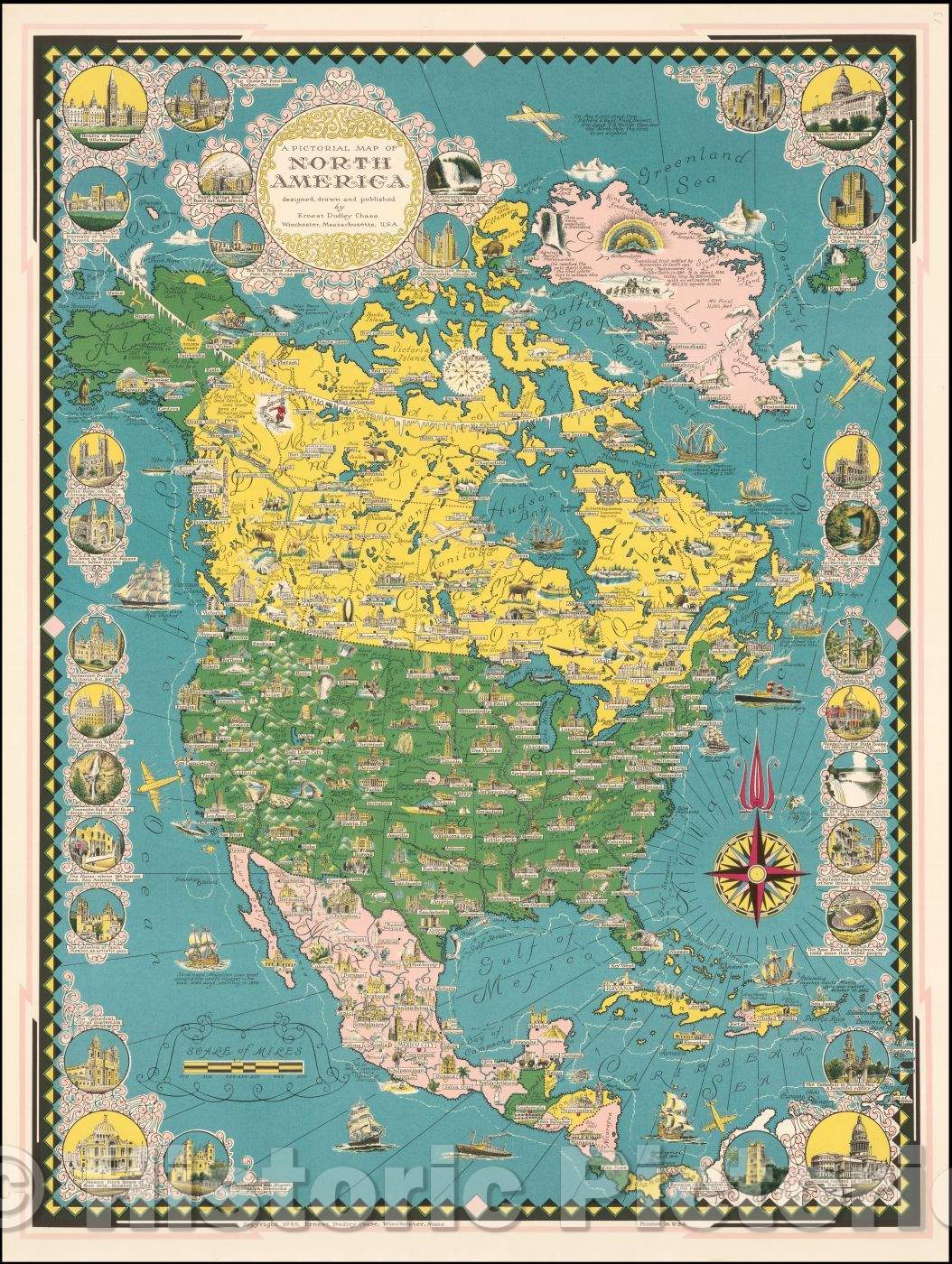 Historic Map - A Pictorial Map of North America designed, 1945, Ernest Dudley Chase v2