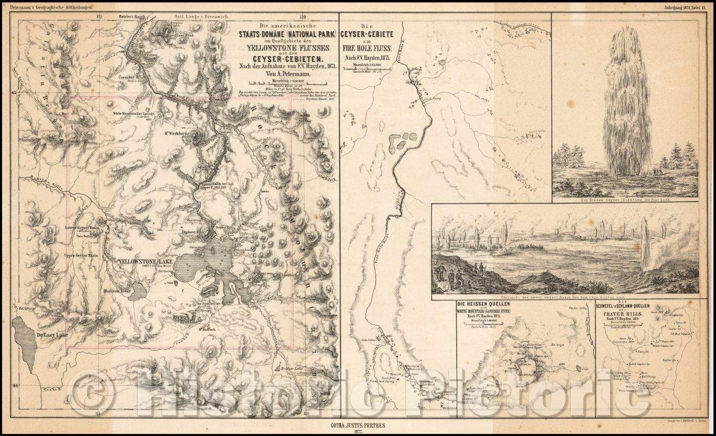 Historic Map - Die amerikanische Staats-Domane National Park im Quellgebiete des Yellowstone Flusses mit den Geyser-Gebieten Nach der Aufnahme, 1872, F.V. Hayden - Vintage Wall Art