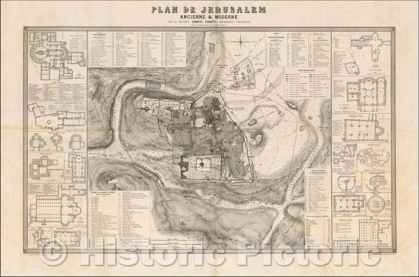 Historic Map - Plan De Jerusalem Ancienne & Moderne/Map of Jerusalem with 18 inset Plans of holy sites, 1860, Ermete Pierotti - Vintage Wall Art