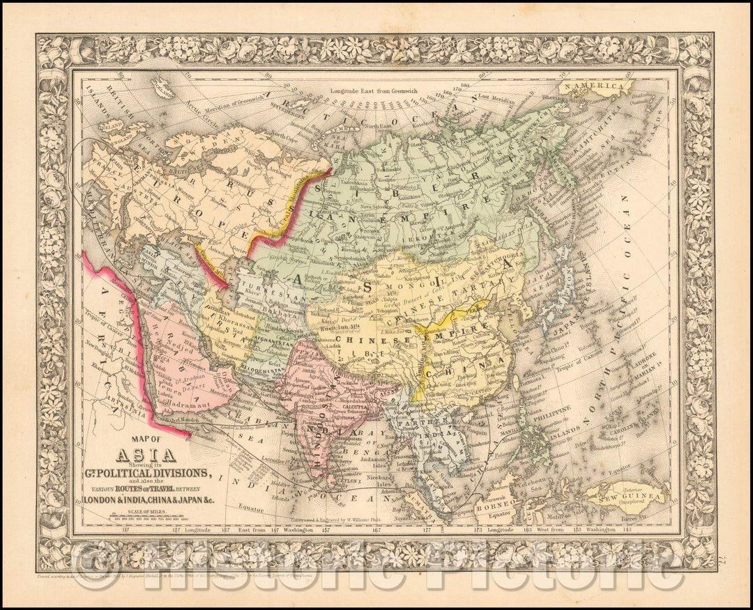 Historic Map - Map of Asia Showing its Gt. Political Divisions and.Routes of Trade between London & India, China, Japan, 1865, Samuel Augustus Mitchell Jr. v1