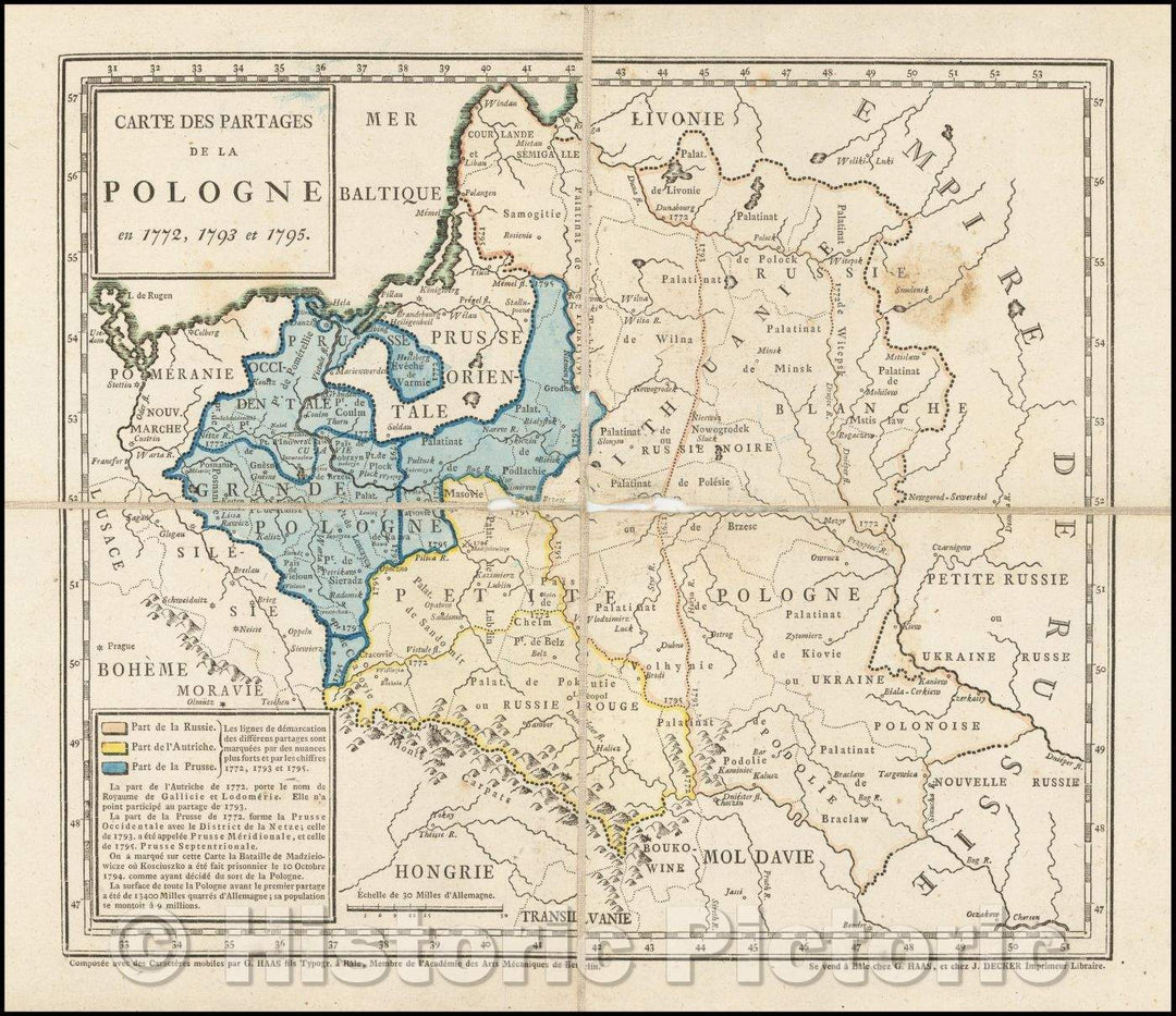 Historic Map - Carte Des Partages de la Pologne en 17772, 1793 et 1795. / Map of Poland, showing its dismemberment in 1772, 1793 and 1795, 1796, G. Haas - Vintage Wall Art