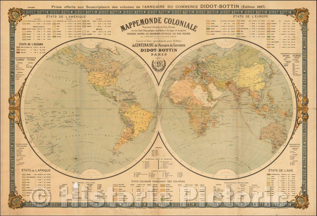 Historic Map - Mappemonde Coloniale Possessions Coloniales des Etats de l'Europe/(Wall Map) Globe Colonial Colonial possessions of the European states, 1897 - Vintage Wall Art