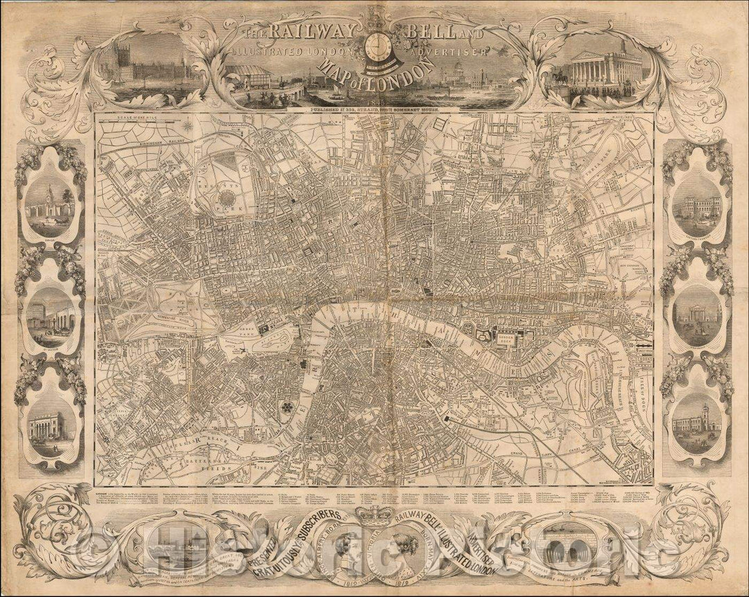 Historic Map - The Railway Bell and Illustrated London Advertiser Map of London, 1845, Illustrated London Advertiser - Vintage Wall Art