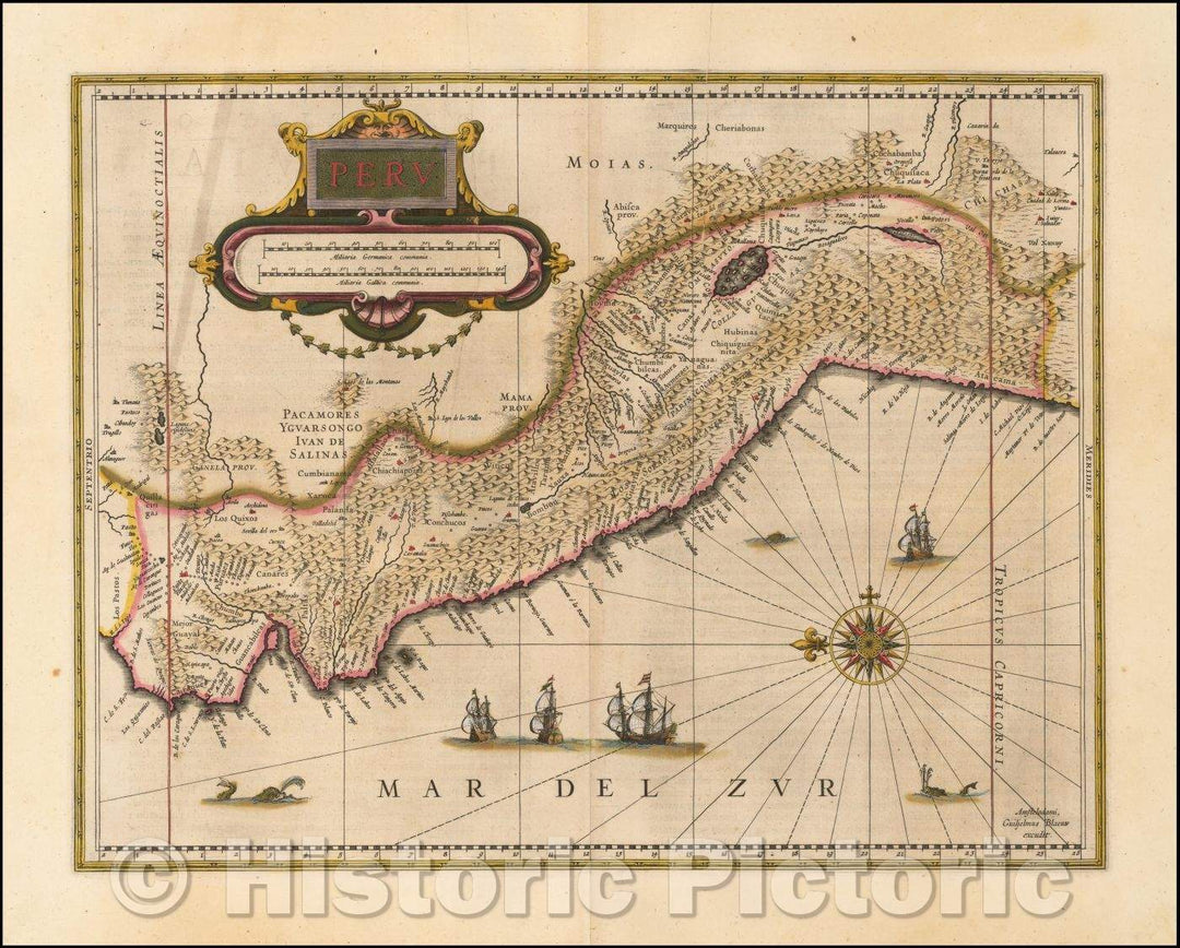 Historic Map - Peru, South America, 1635, Willem Janszoon Blaeu - Vintage Wall Art