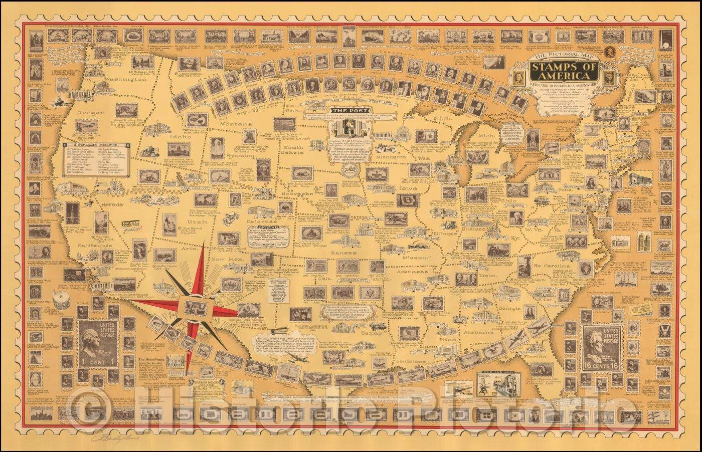 Historic Map - The Pictorial Map Stamps of America, 1947, Ernest Dudley Chase - Vintage Wall Art