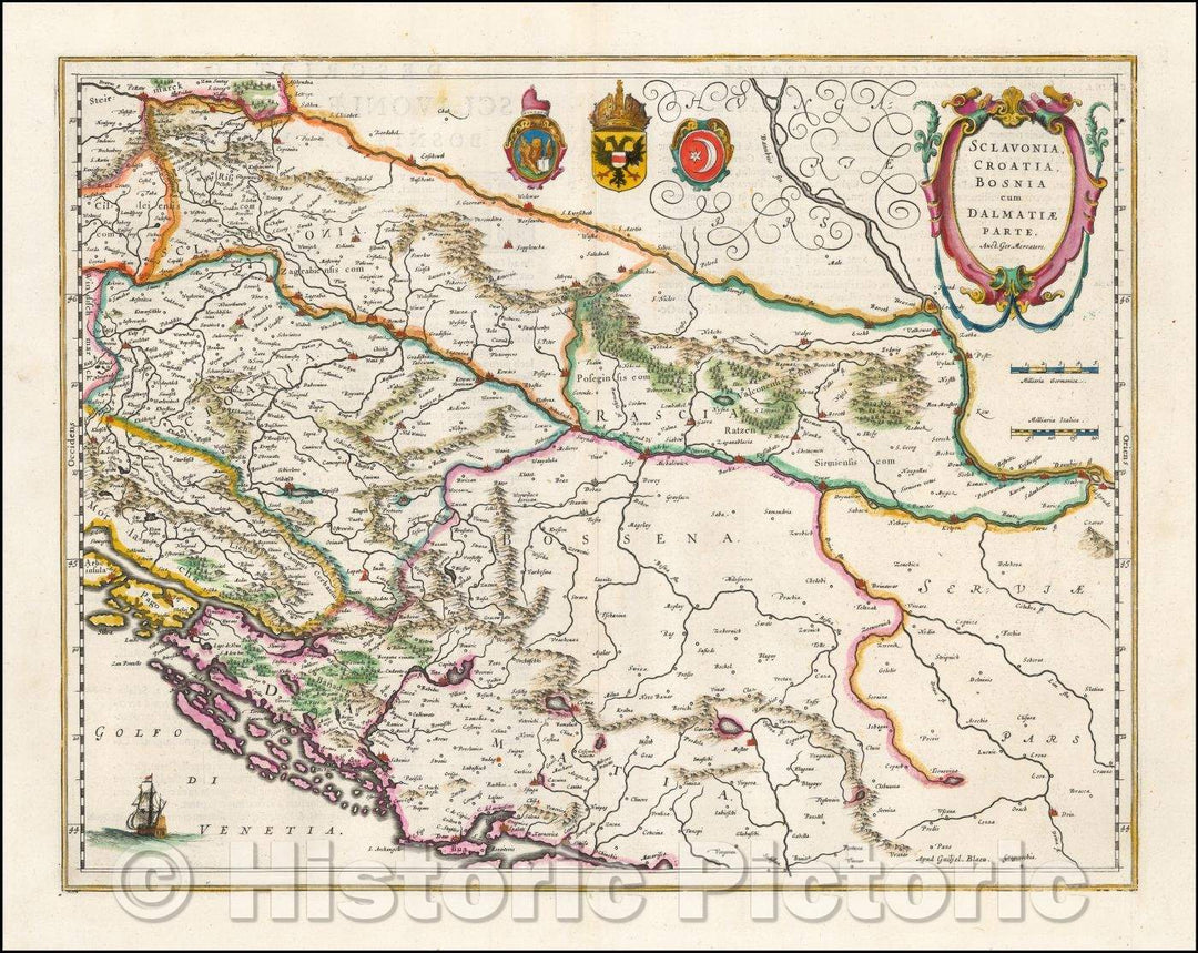 Historic Map - Sclavonia, Croatia, Bosnia, cum Dalmatiae cum Dalmatiae Parte :: Slavonia, Croatia, Bosnia, part of Dalmatia, 1640 - Vintage Wall Art