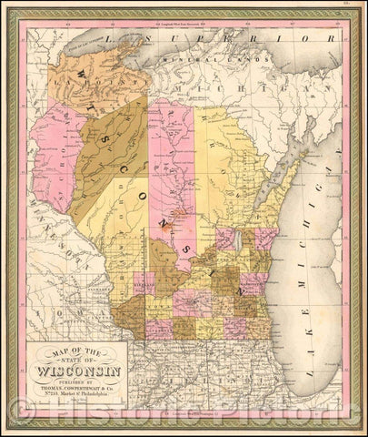 Historic Map - The State of Wisconsin, 1850, Thomas, Cowperthwait & Co. - Vintage Wall Art