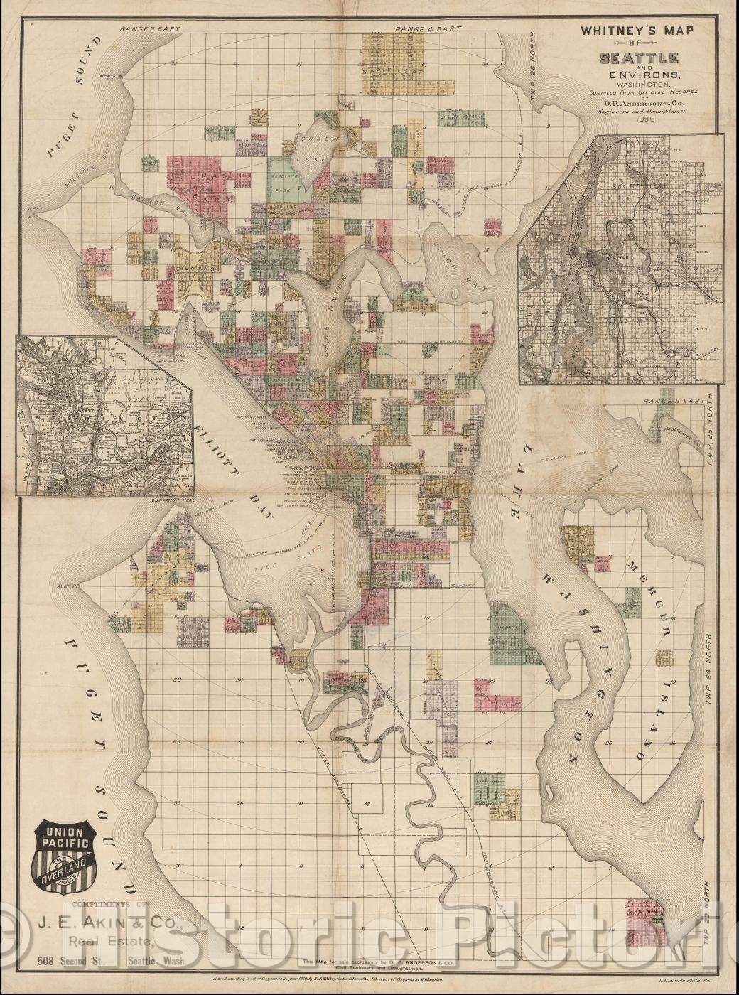 Historic Map - Whitney's Map of Seattle and Environs, Washington, 1890, O.P. Anderson & Son v3