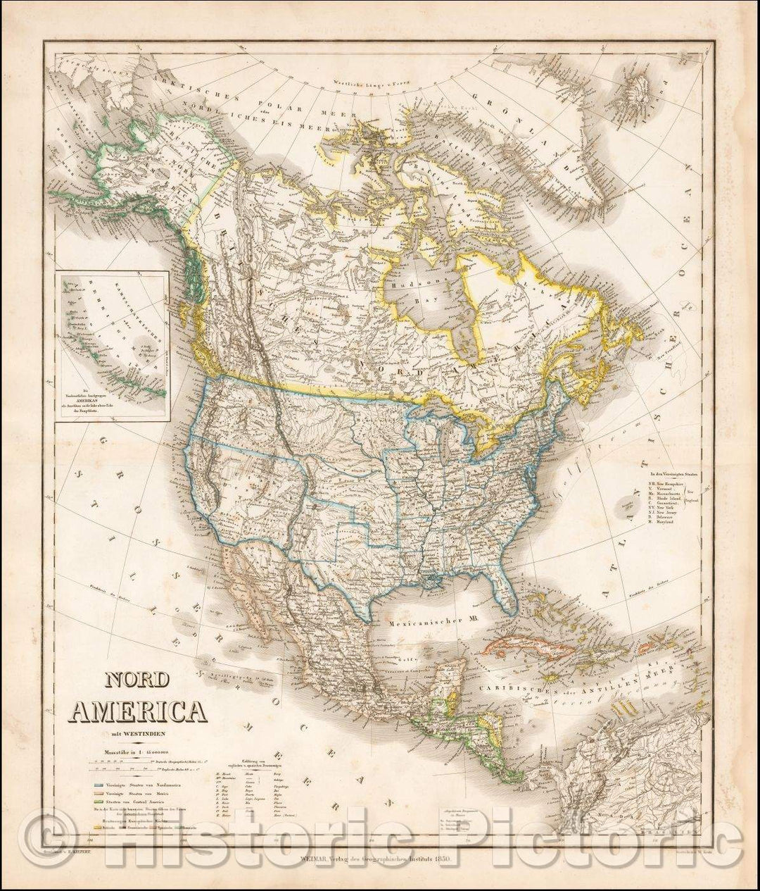 Historic Map - Nord America mit Westindien (Names Deseret!) / Extending to Port Cities of Los Angeles and San Diego, 1850, Heinrich Kiepert - Vintage Wall Art