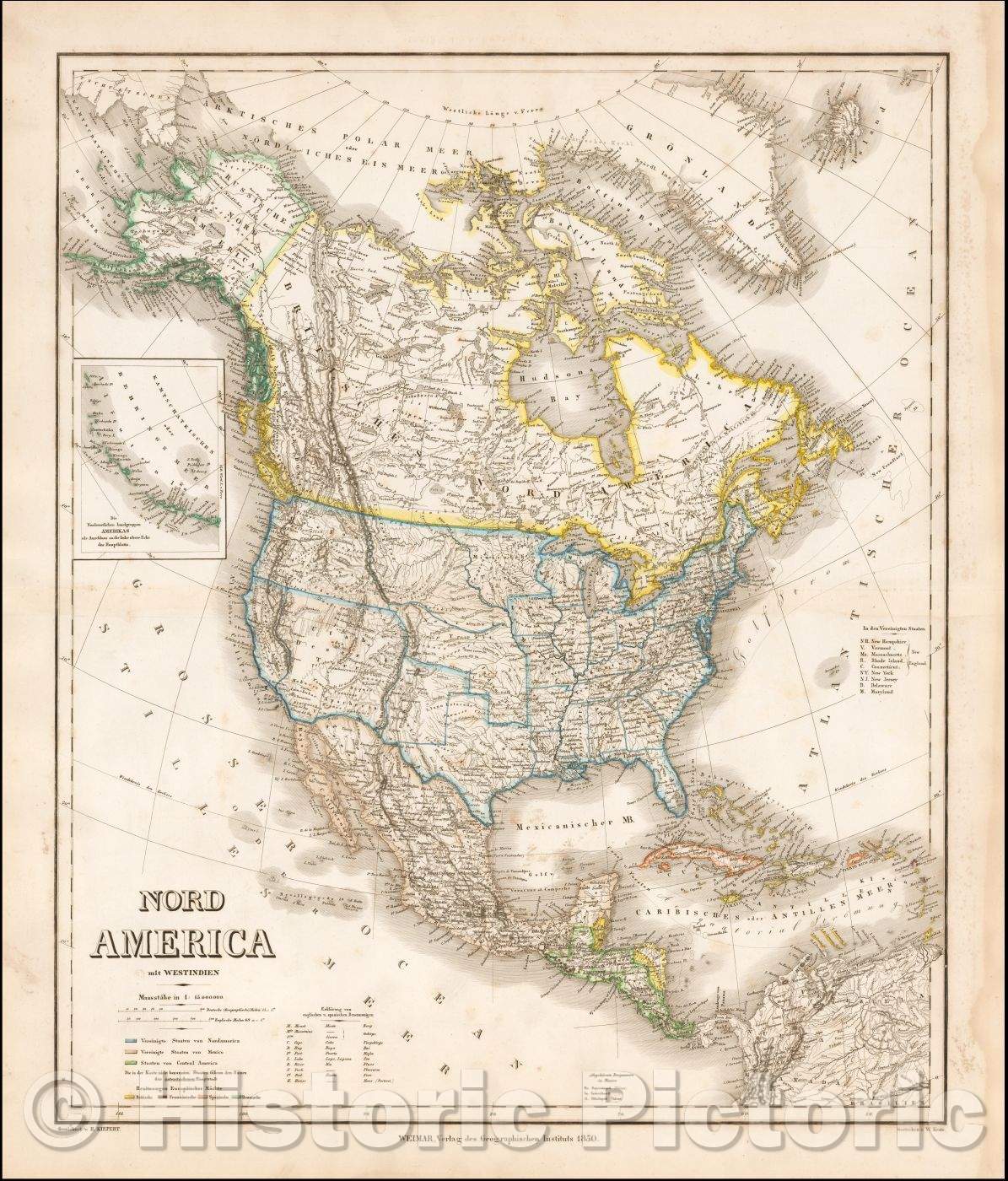 Historic Map - Nord America mit Westindien (Names Deseret!) / Extending to Port Cities of Los Angeles and San Diego, 1850, Heinrich Kiepert - Vintage Wall Art