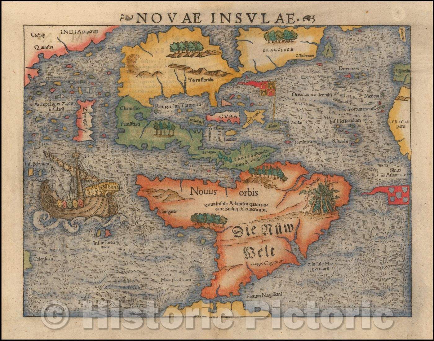 Historic Map - [First Map of the Continent of America] Novae Insulae/Munster's Map of America, North and South America, 1572, Sebastian M?nster - Vintage Wall Art