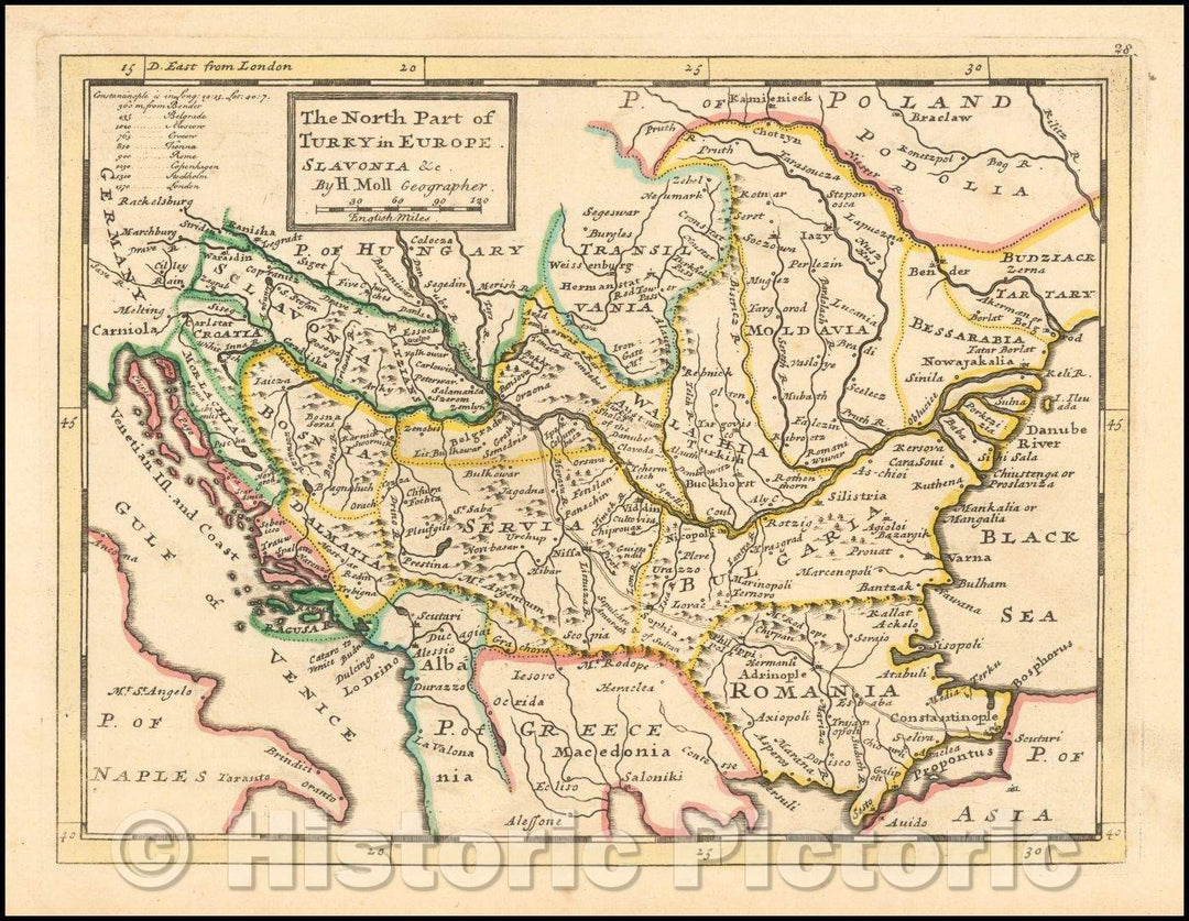 Historic Map - The North Part of Turky in Europe Slavonia, 1729, Herman Moll - Vintage Wall Art