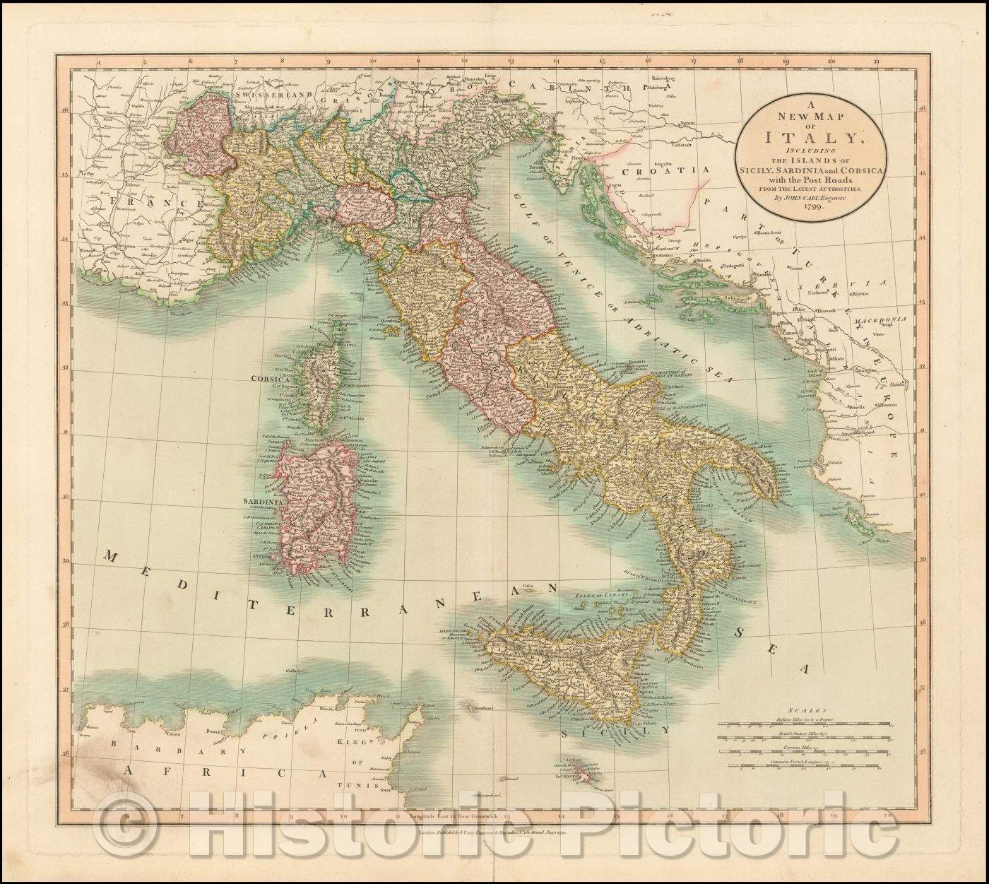 Historic Map - Italy, Including The Islands of Sicily, Sardinia and Corsica, with the Post Roads, 1799, John Cary v2