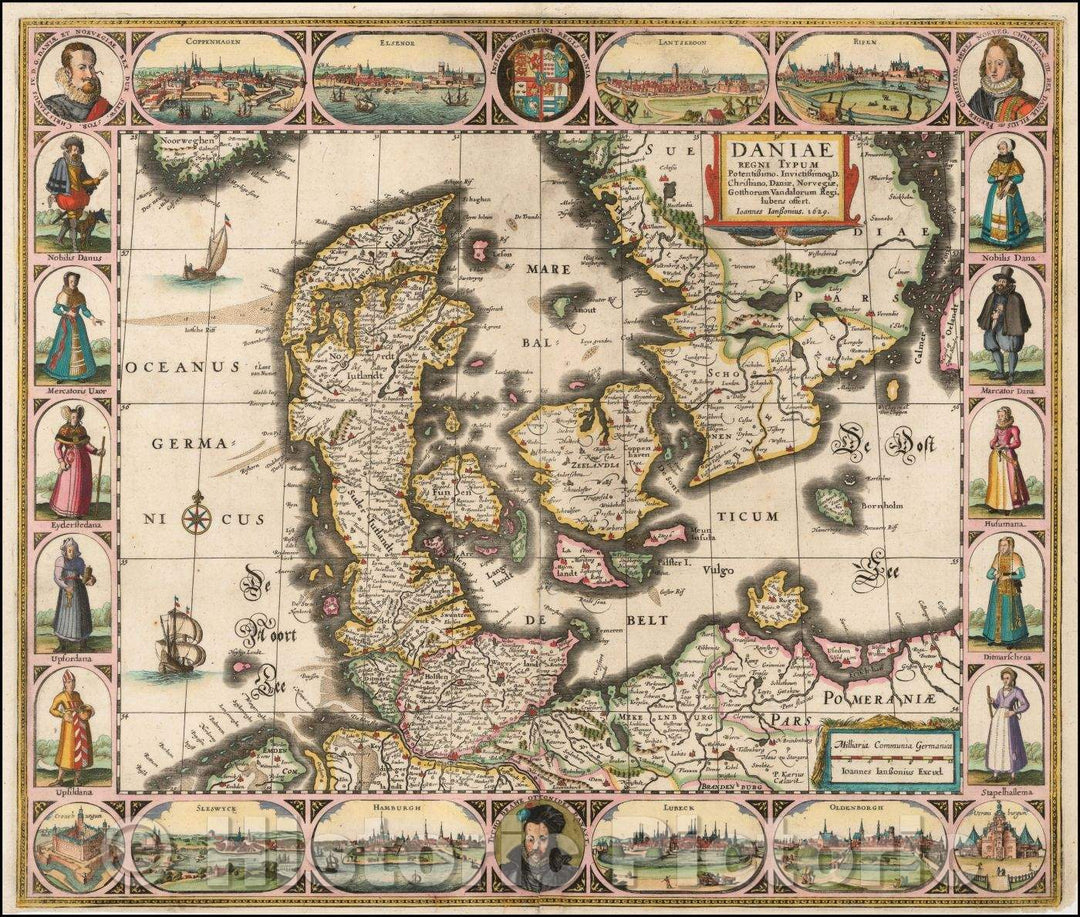 Historic Map - Daniae Regni Typum Potentissimo Invictissimoq D. Christiano, Daniae/Jansson carte-a-figures Map of Denmark, 1629, Jan Jansson - Vintage Wall Art