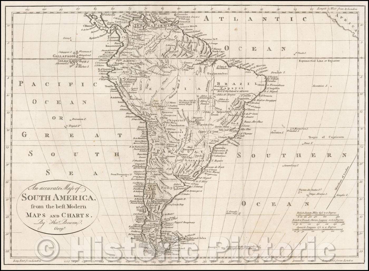 Historic Map - An accurate Map of South America, from the best Modern Maps and Charts, 1779, Thomas Bowen - Vintage Wall Art