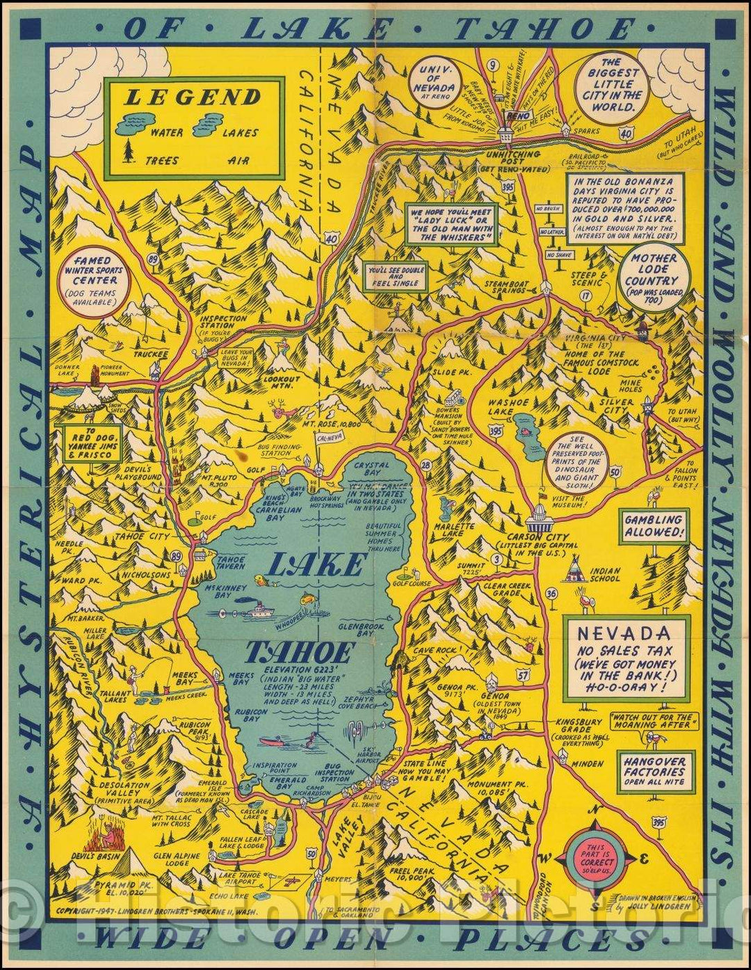 Historic Map - A Hysterical Map Of Lake Tahoe Wild and Woolly Nevada With Its Wide Open Places, 1947, Lindgren Brothers - Vintage Wall Art