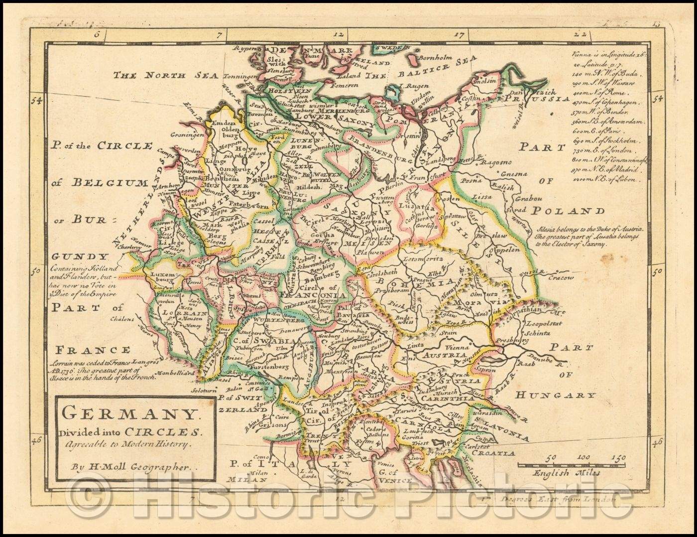 Historic Map - Germany Divided into Circles, 1729, Herman Moll - Vintage Wall Art