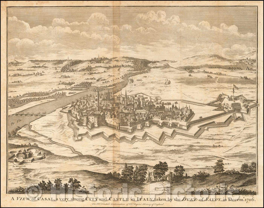 Historic Map - A View of Casal, a very strong City and Castle in Italy, taken, 1740, Paul de Rapin de Thoyras - Vintage Wall Art