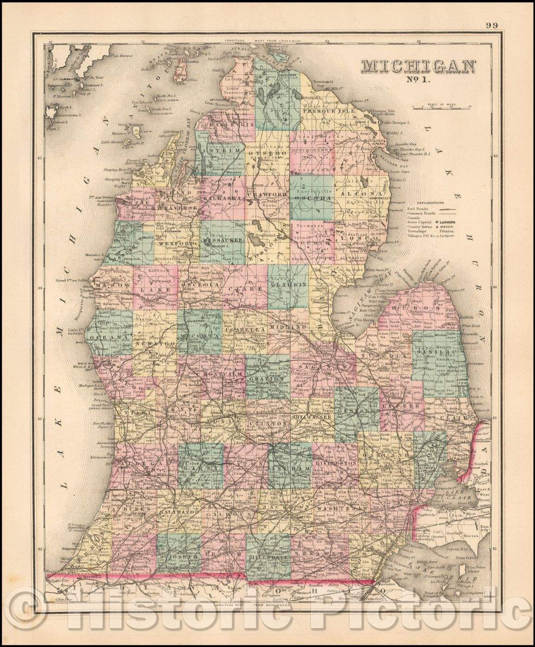 Historic Map - Michigan, 1875, R. Gray - Vintage Wall Art