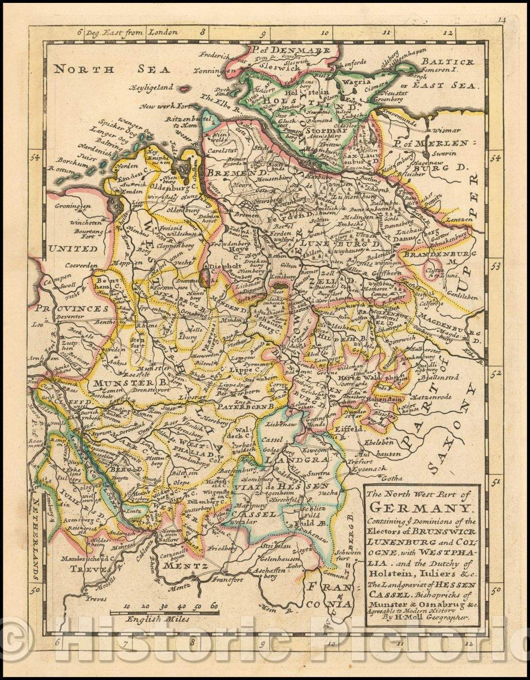 Historic Map - The North West Part of Germany. Containing ye Dominions of the Electors of Brunswick, Lunenberg and Cologne with Westphalia, 1729, Herman Moll - Vintage Wall Art