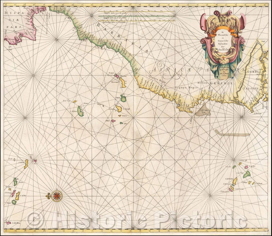 Historic Map - de Vlaamsche en Canarische Eylanden door Arnold Colom. / Sea Chart of west Africa, the Canary Islands, and Iberian Peninsula, 1658, Arnold Colom - Vintage Wall Art