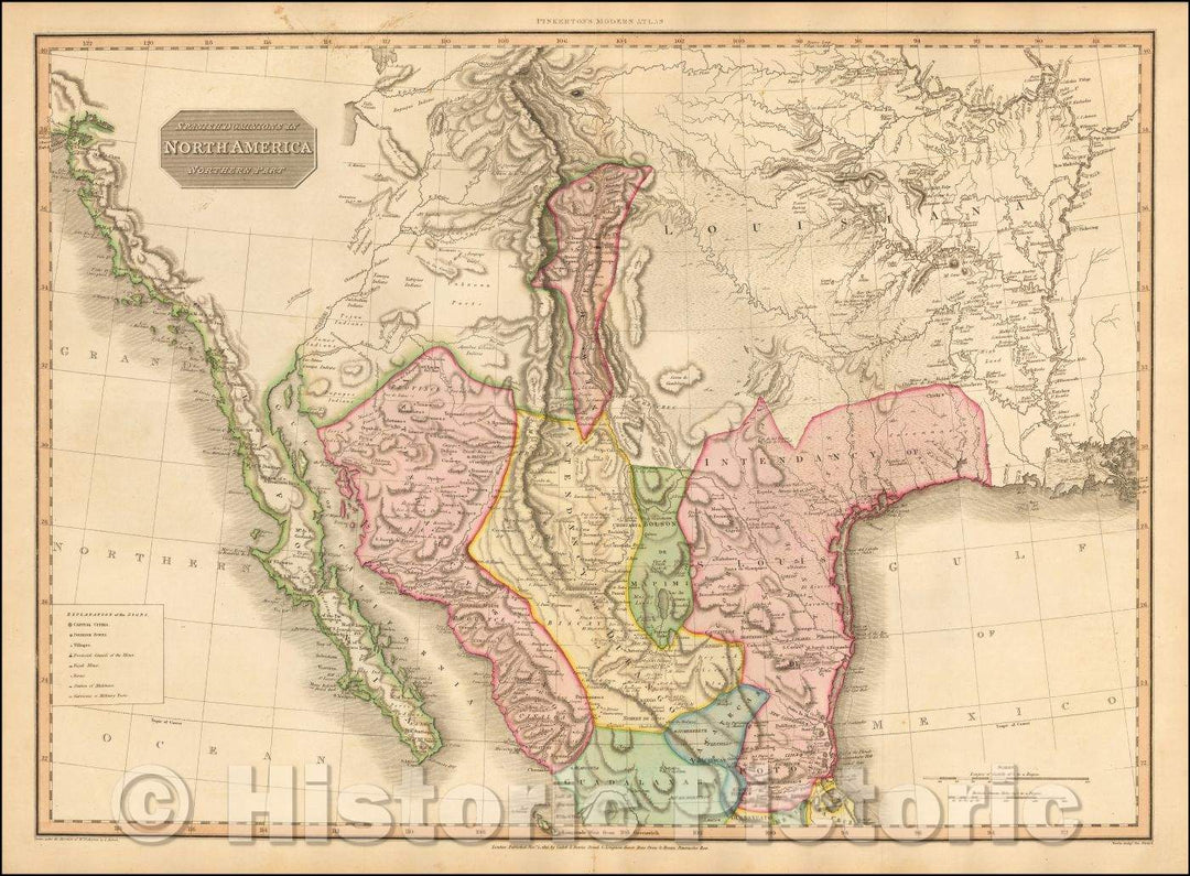 Historic Map - Spanish Dominions In North America Northern Part (Texas, Mexico, Rocky Mountains, Upper California, etc.), 1811, John Pinkerton - Vintage Wall Art