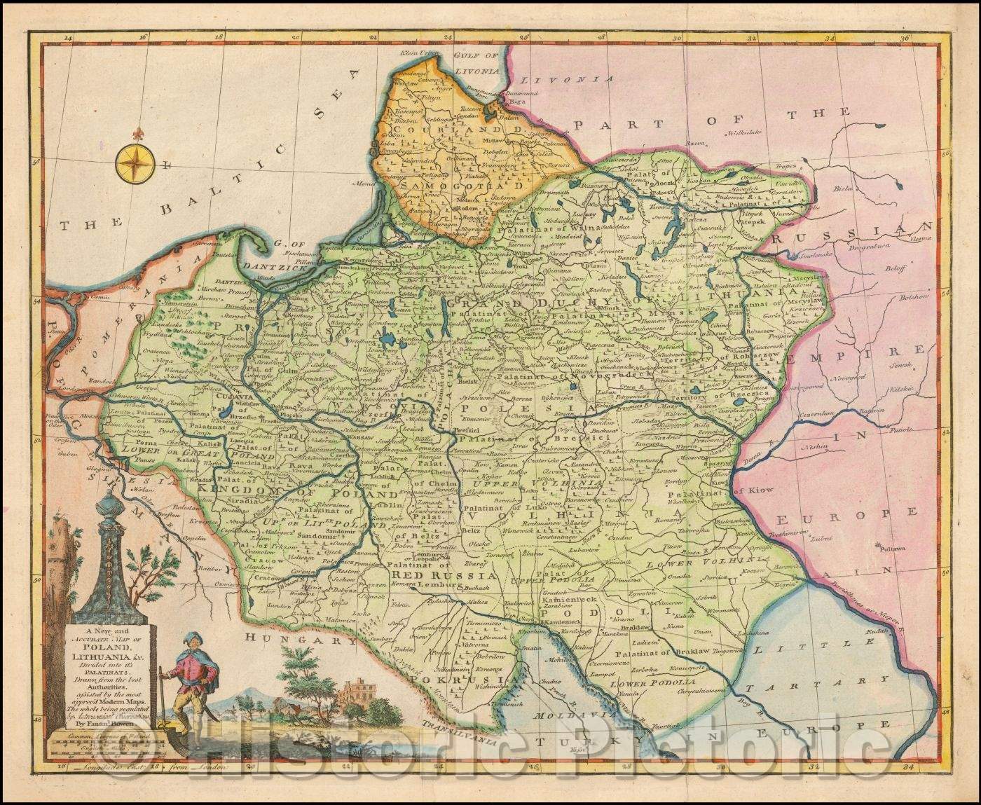 Historic Map - A new and accurate map of Poland, Lithuania Divivded into it?s Palatinates, 1744, Emanuel Bowen v3