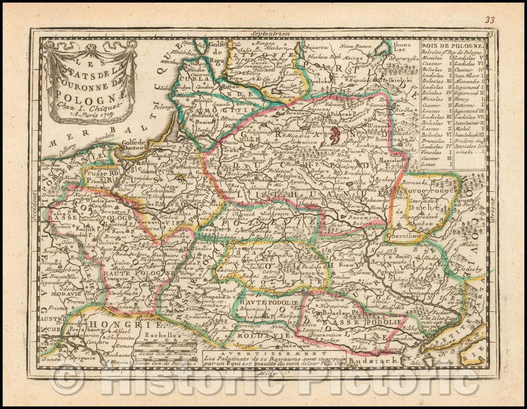 Historic Map - Les Estats de la Couronne de Pologne/Chiquet's Map of Poland, from his Le Nouveau et Curieux?, 1719, Jacques Chiquet - Vintage Wall Art