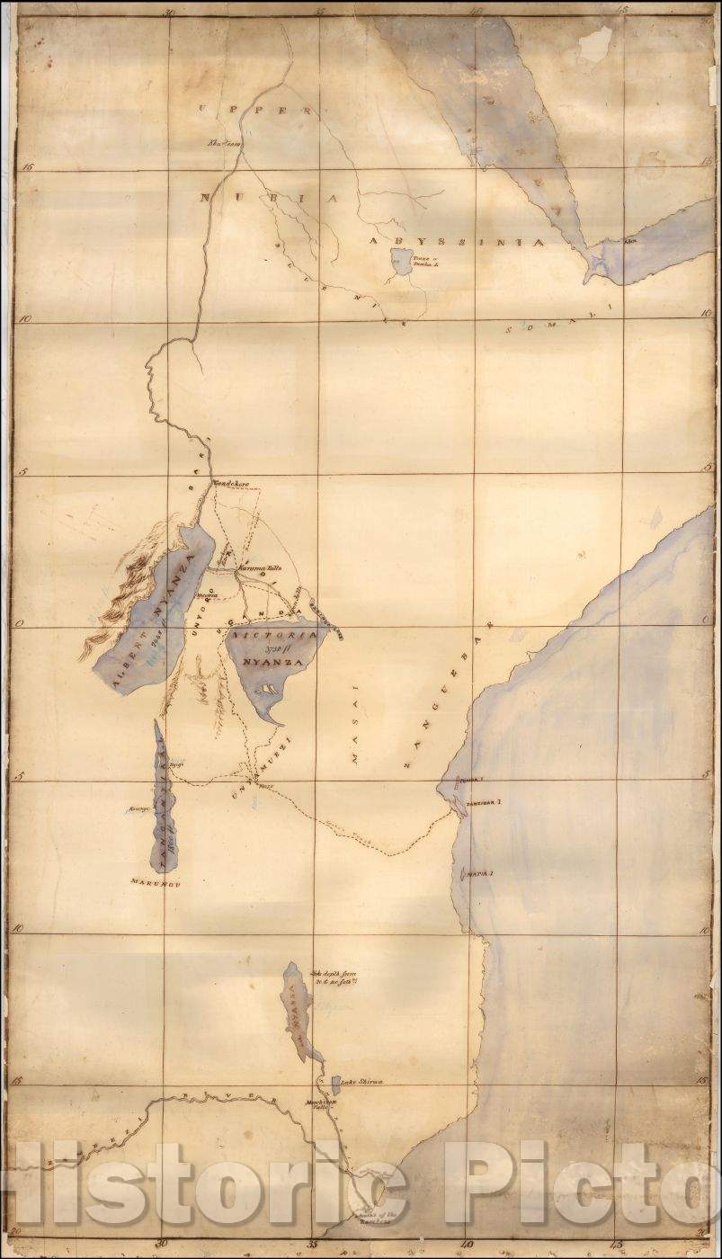 Historic Map - Manuscript Illustrating The Discovery of the Sources of the Upper Nile River, Lake Victoria, Lake Albert, Lake Tanganyika and Zambezi River, 1866 - Vintage Wall Art