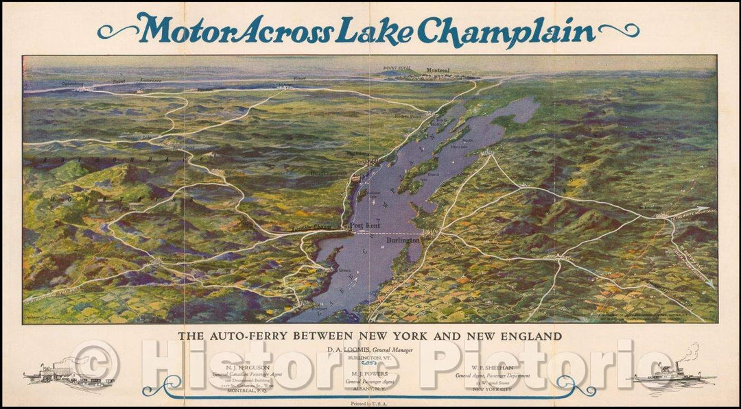 Historic Map - Motor Across Lake Champlain, 1932, Champlain Transportation Co. - Vintage Wall Art