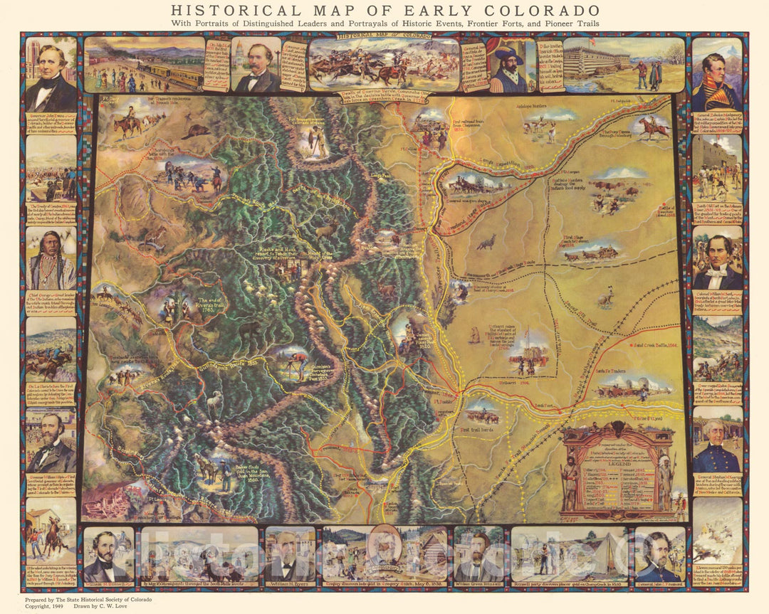 Historic Map - Historical of Early Colorado With Portraits of Distinguished Leaders and Portayals of Historic Events, Frontier Forts, and Pioneer Trails, 1949 - Vintage Wall Art