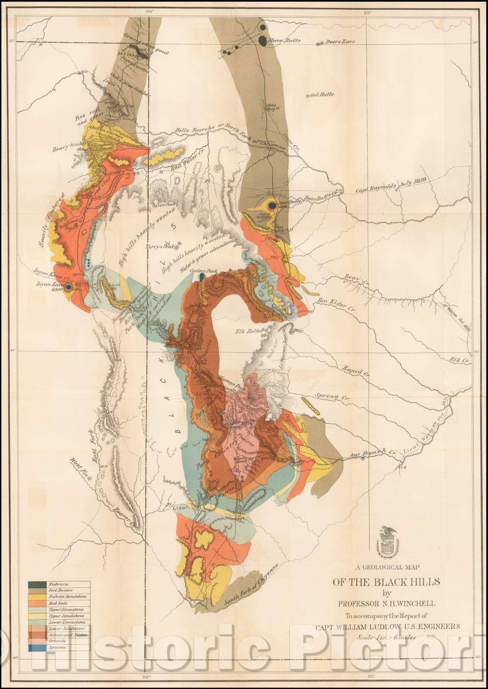 Historic Map - A Geological Map of the Black Hills, 1874, United States Bureau of Topographical Engineers - Vintage Wall Art