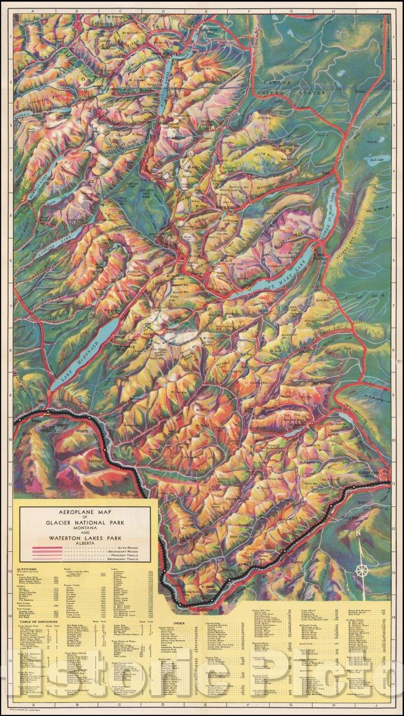 Historic Map - Aeroplane View of Glacier National Park Montana and Waterton Lakes Park Alberta, 1936, McGill-Warner Co. - Vintage Wall Art