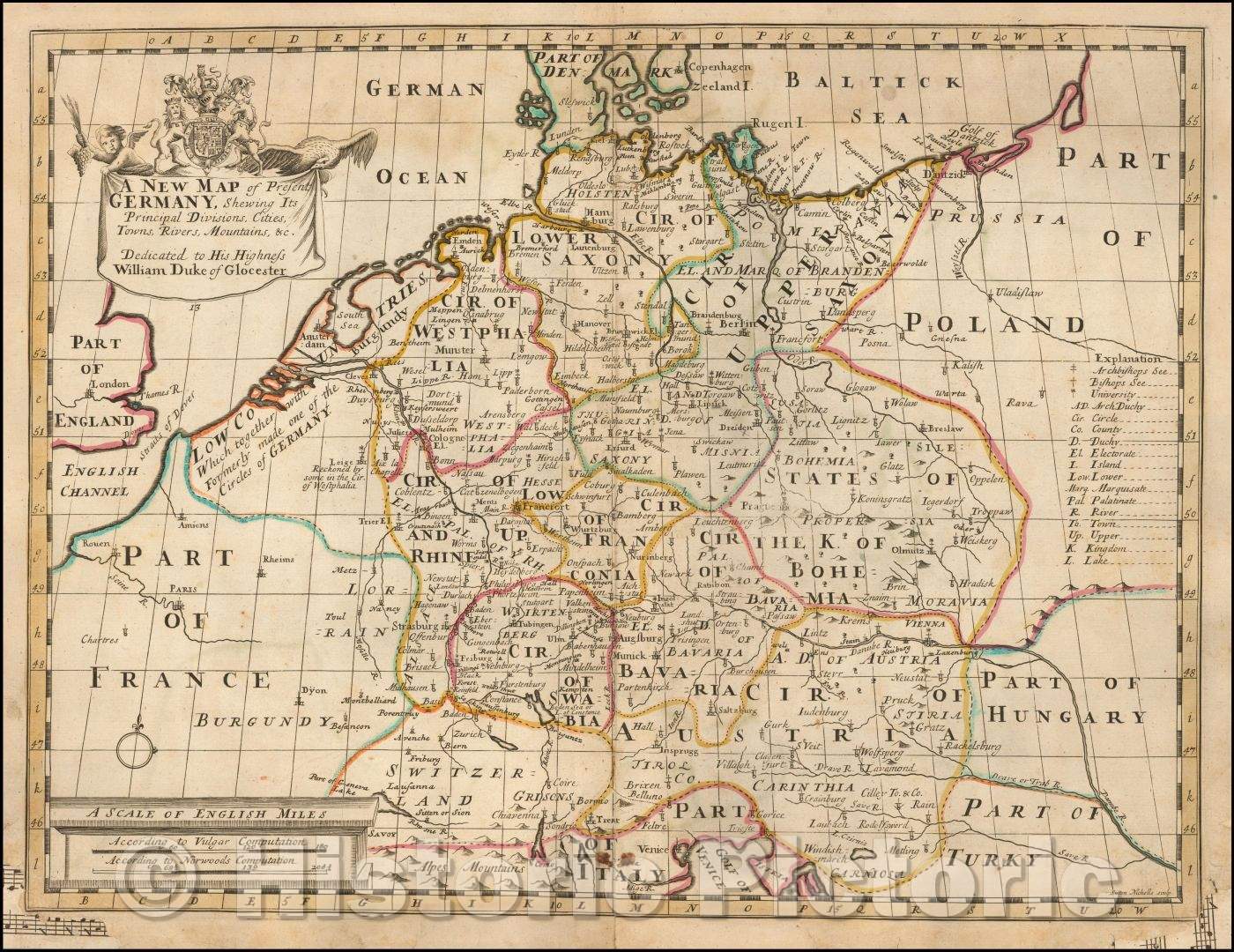 Historic Map - Present Germany, Shewing Its Principal Divisions, Cities, Towns, Rivers, Mountains, 1712, Edward Wells - Vintage Wall Art