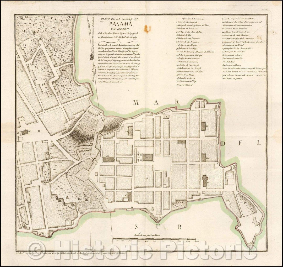 Historic Map - Plano de la Ciudad de Panama, y su Arrabal. Dale a luz Don Tomas Lopez/Plan of Panama City, published in Madrid by Tomas Lopez, 1789 - Vintage Wall Art